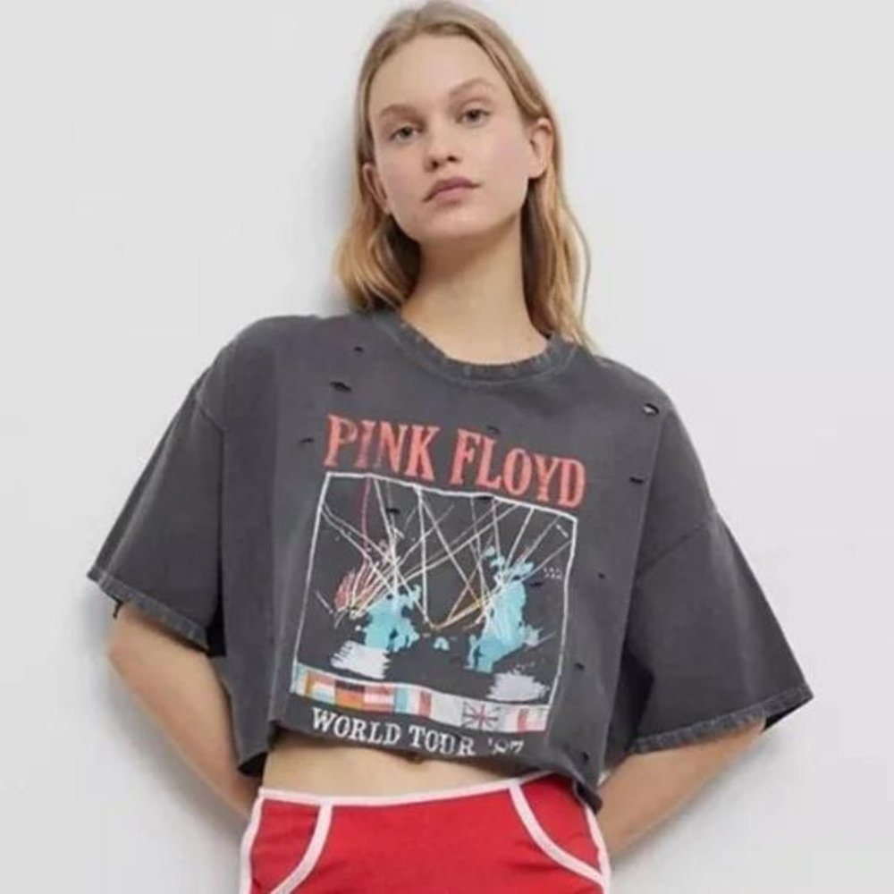 Pink Floyd Charcoal Cropped Distressed Band Tee with Multicolor Print